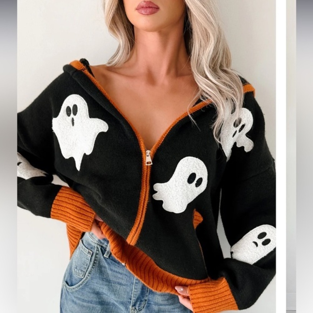 Ghostly Grins Ghost Patch Zip-Up Hoodie, Black Size Small – Mellow Los Angeles